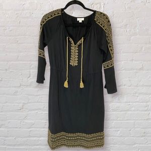 J. Jill Boho Black & Gold Embroidered Dress with Tassels 3/4 Sleeve Size XS